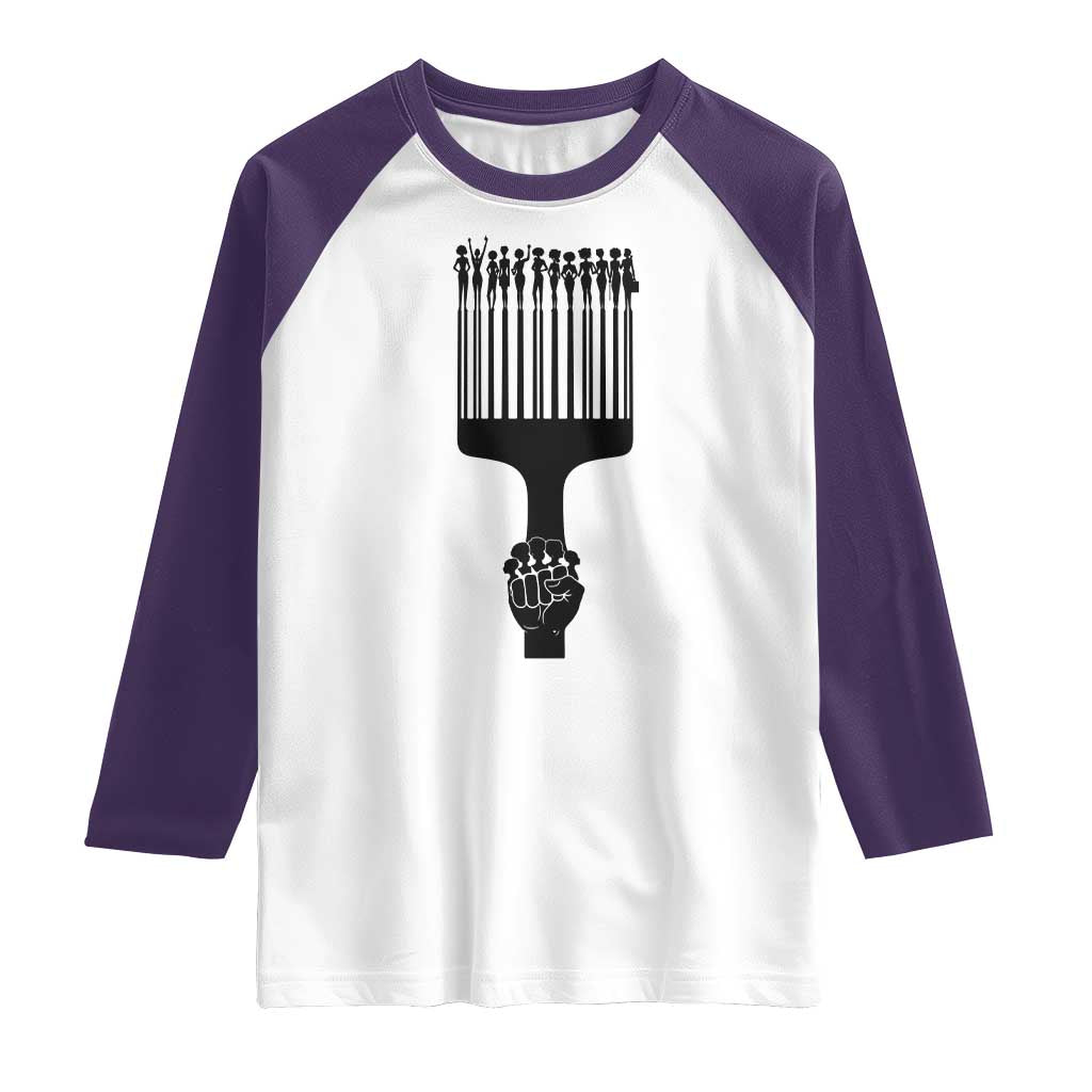 Afro Pick Comb Strong Black Power Fist Raglan Shirt TS11 White Purple Print Your Wear