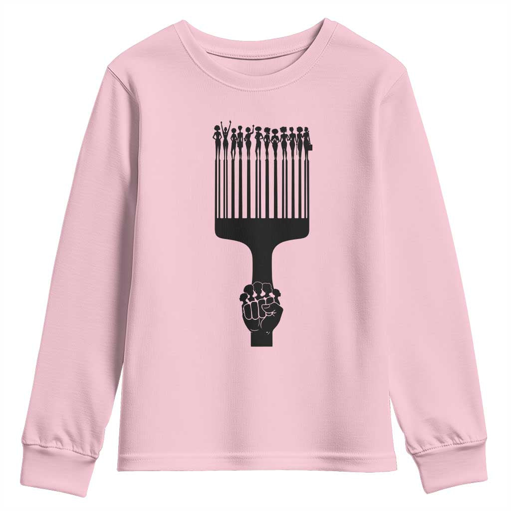 Afro Pick Comb Strong Black Power Fist Youth Sweatshirt TS11 Light Pink Print Your Wear