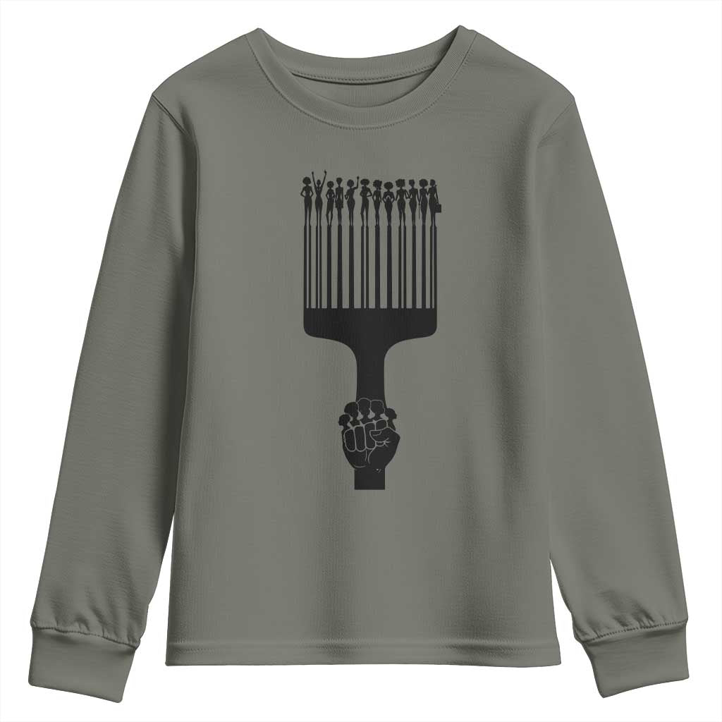 Afro Pick Comb Strong Black Power Fist Youth Sweatshirt TS11 Military Green Print Your Wear