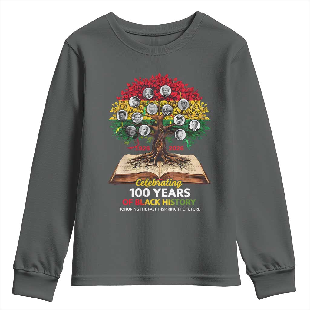 Celebrating 100 Years Of Black History Honoring The Past Inspiring The Future Youth Sweatshirt Black Leaders TS11 Dark Heather Print Your Wear