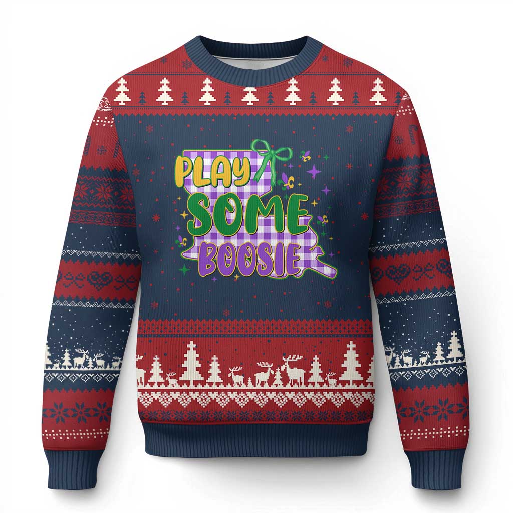 Play Some Boosie Mardi Gras Ugly Christmas Sweater Funny Fat Tuesday Coquette Louisiana Carnival TS11 Navy Red Print Your Wear