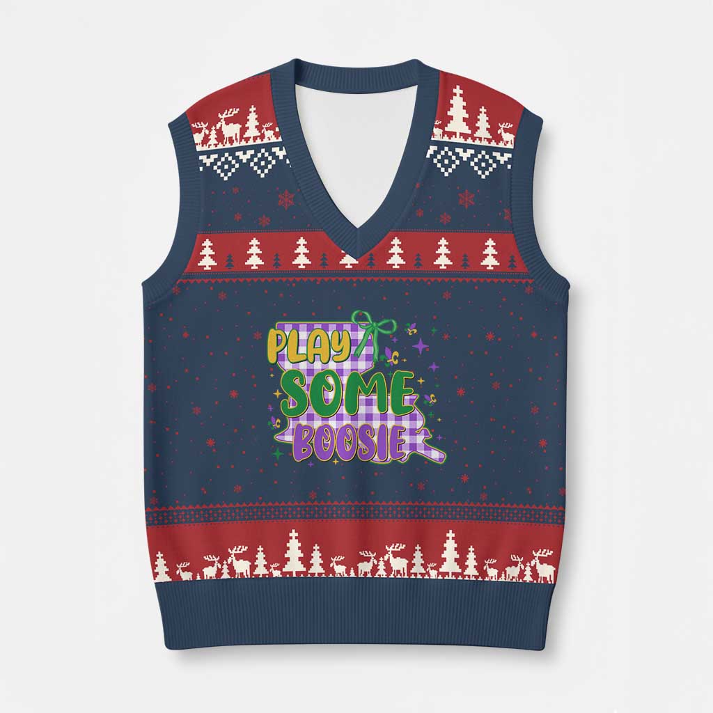 Play Some Boosie Mardi Gras V-Neck Knit Sweater Vest Funny Fat Tuesday Coquette Louisiana Carnival TS11 Navy Red Print Your Wear