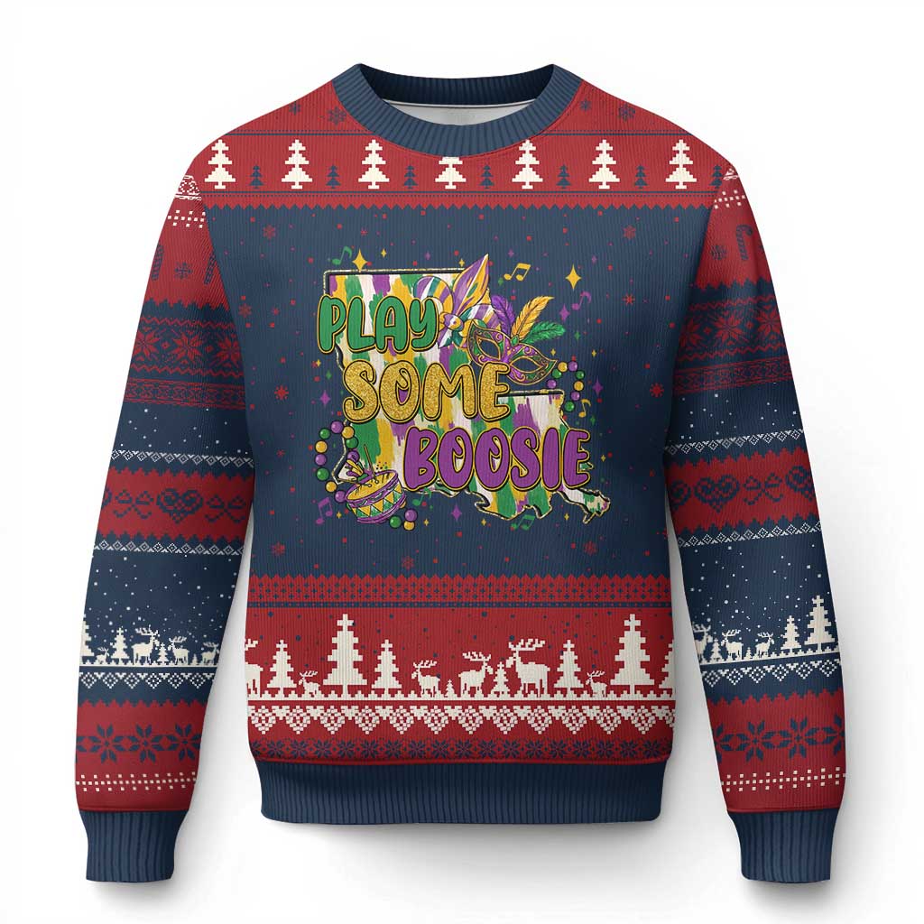 Play Some Boosie Mardi Gras Ugly Christmas Sweater Funny Louisiana New Orleans Carnival TS11 Navy Red Print Your Wear