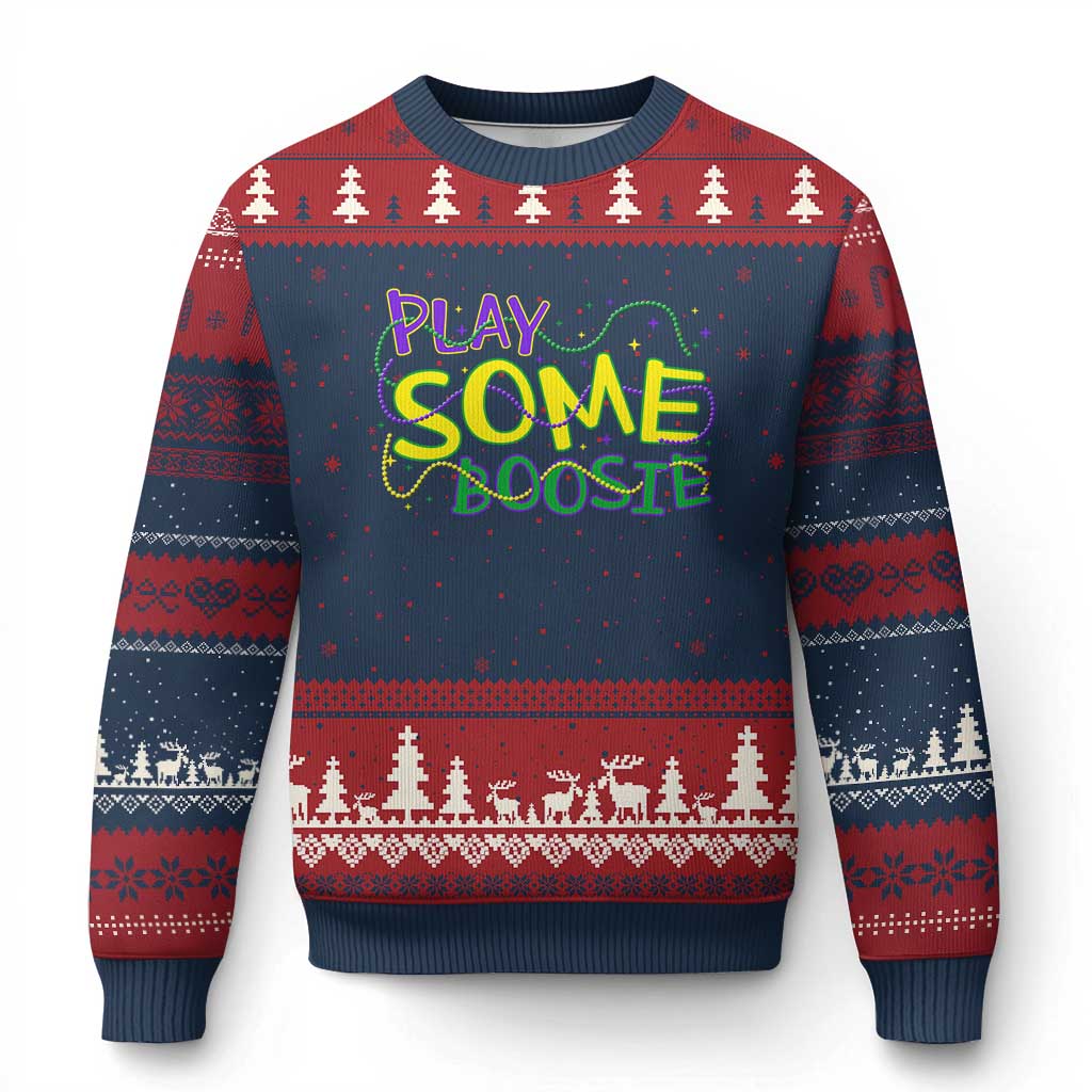 Funny Play Some Boosie Mardi Gras Ugly Christmas Sweater Beads Carnival Louisiana TS11 Navy Red Print Your Wear
