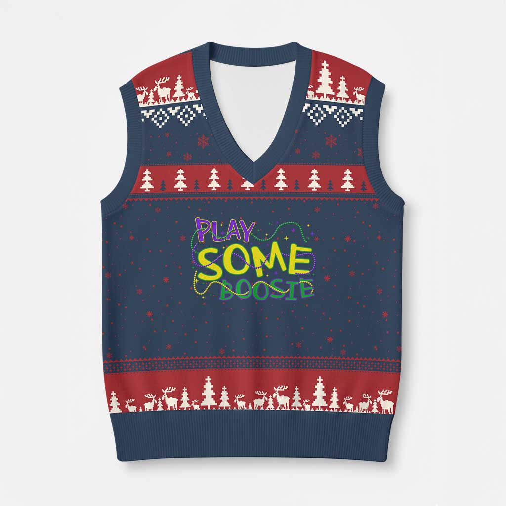 Funny Play Some Boosie Mardi Gras V-Neck Knit Sweater Vest Beads Carnival Louisiana TS11 Navy Red Print Your Wear