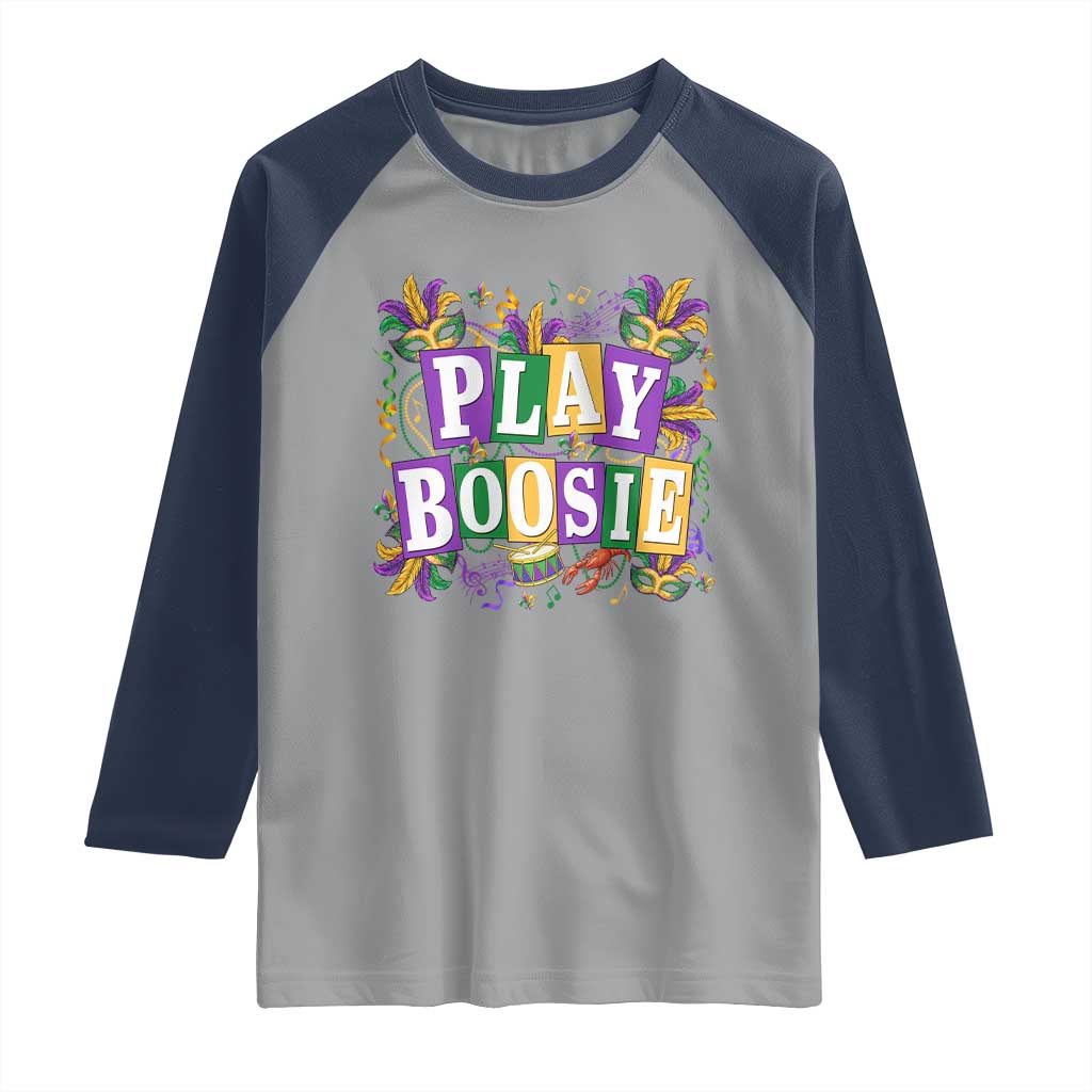 Funny Play Boosie Mardi Gras Raglan Shirt Fat Tuesday Carnival Fleur De Lis Music TS11 Sport Gray Navy Print Your Wear