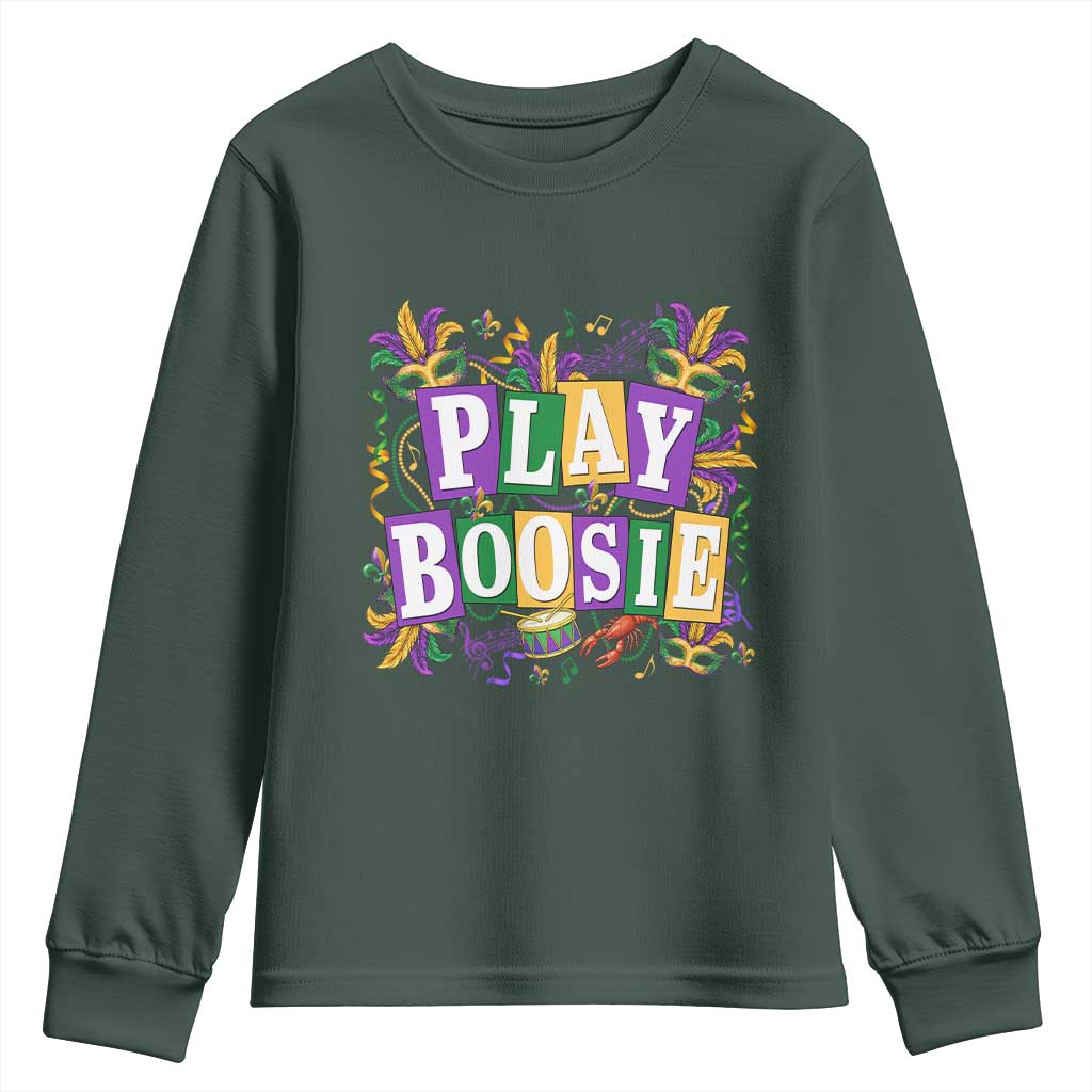 Funny Play Boosie Mardi Gras Youth Sweatshirt Fat Tuesday Carnival Fleur De Lis Music TS11 Dark Forest Green Print Your Wear