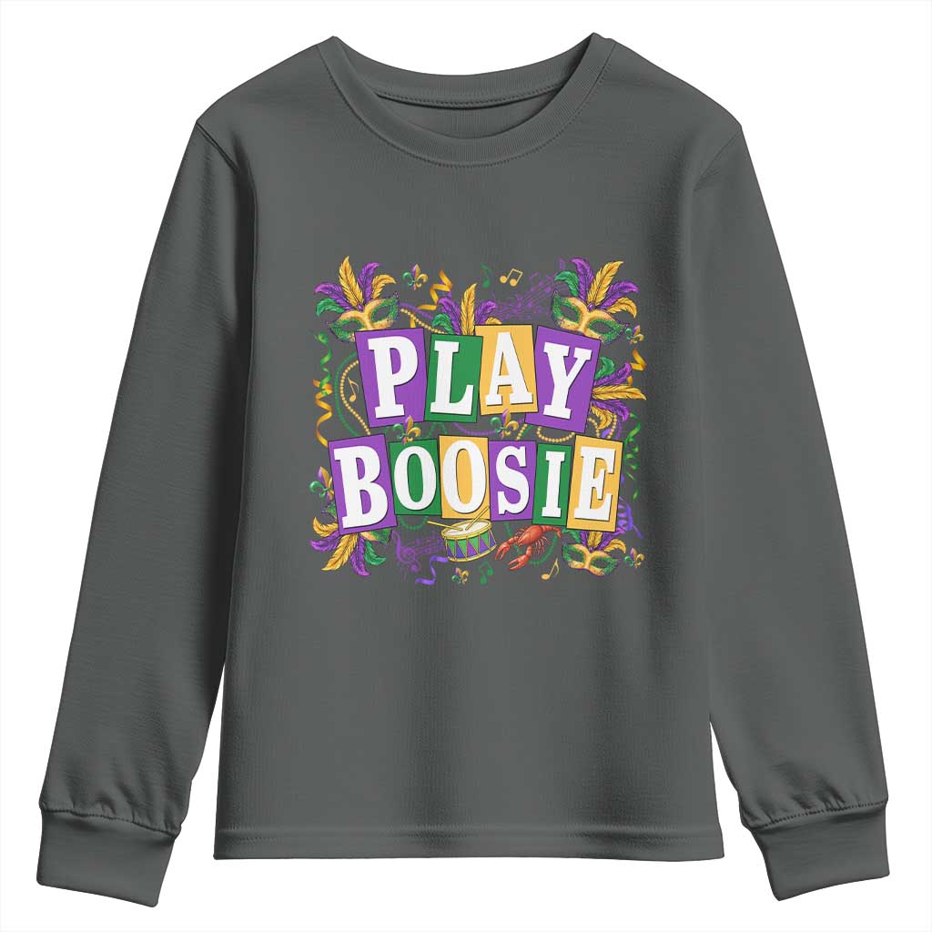 Funny Play Boosie Mardi Gras Youth Sweatshirt Fat Tuesday Carnival Fleur De Lis Music TS11 Dark Heather Print Your Wear