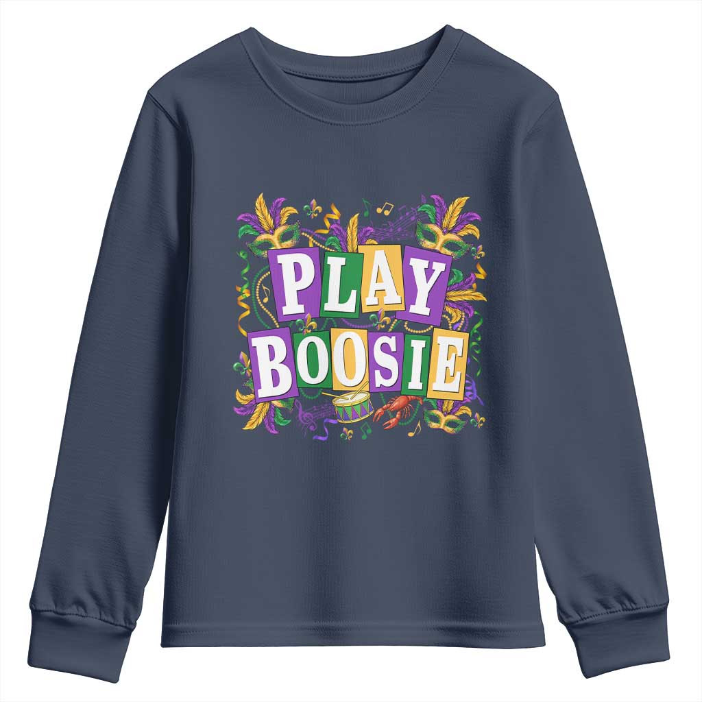 Funny Play Boosie Mardi Gras Youth Sweatshirt Fat Tuesday Carnival Fleur De Lis Music TS11 Navy Print Your Wear