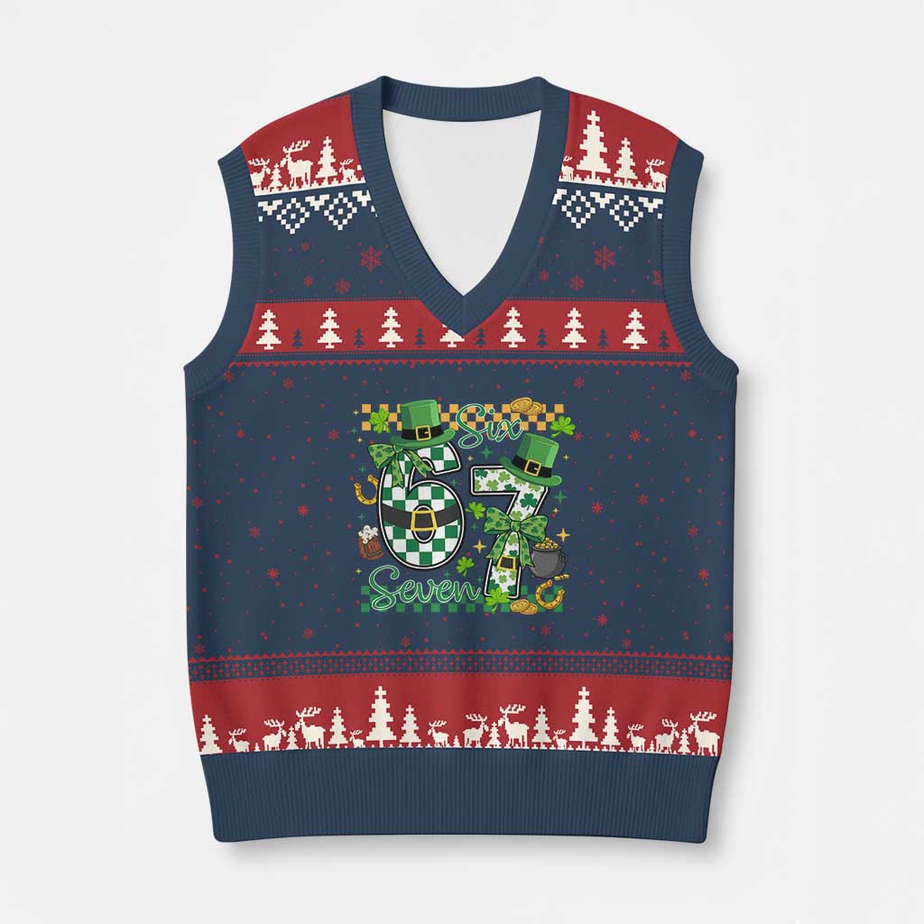 67 St Patricks Day V-Neck Knit Sweater Vest Funny Six Seven Meme Lucky Shamrock TS11 Navy Red Print Your Wear