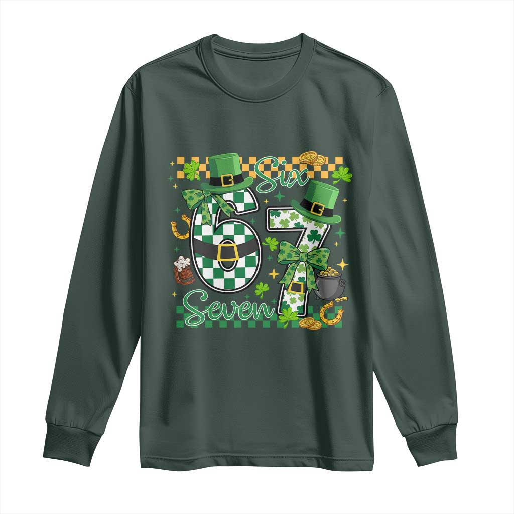 67 St Patricks Day Long Sleeve Shirt Funny Six Seven Meme Lucky Shamrock TS11 Dark Forest Green Print Your Wear