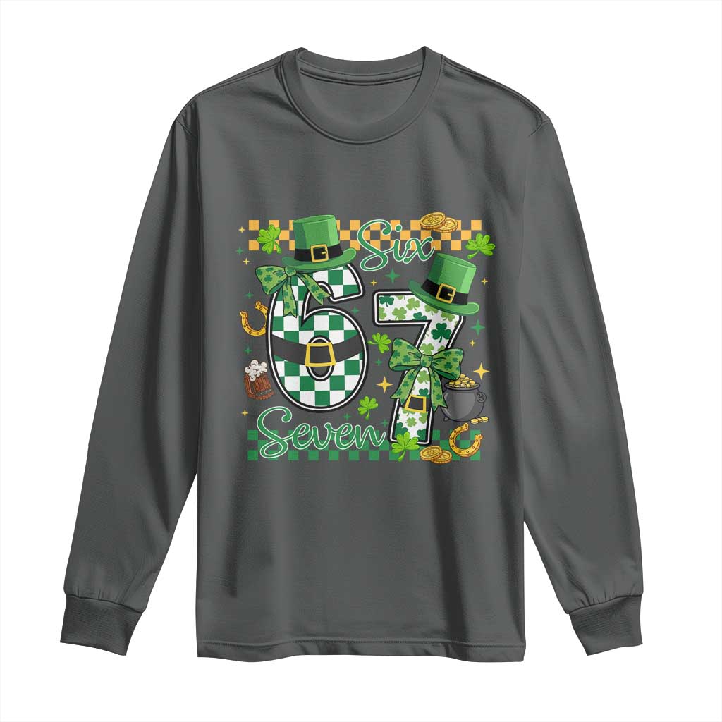 67 St Patricks Day Long Sleeve Shirt Funny Six Seven Meme Lucky Shamrock TS11 Dark Heather Print Your Wear