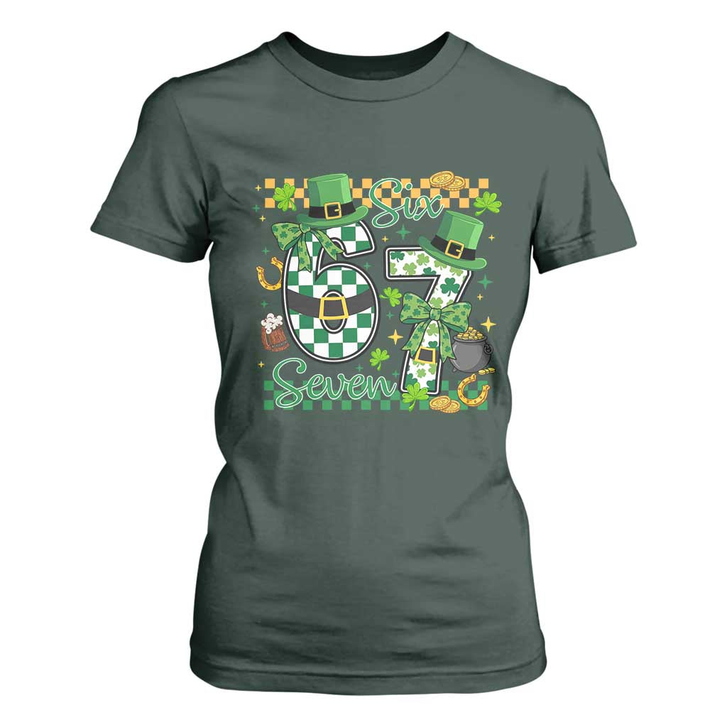 67 St Patricks Day T Shirt For Women Funny Six Seven Meme Lucky Shamrock TS11 Dark Forest Green Print Your Wear