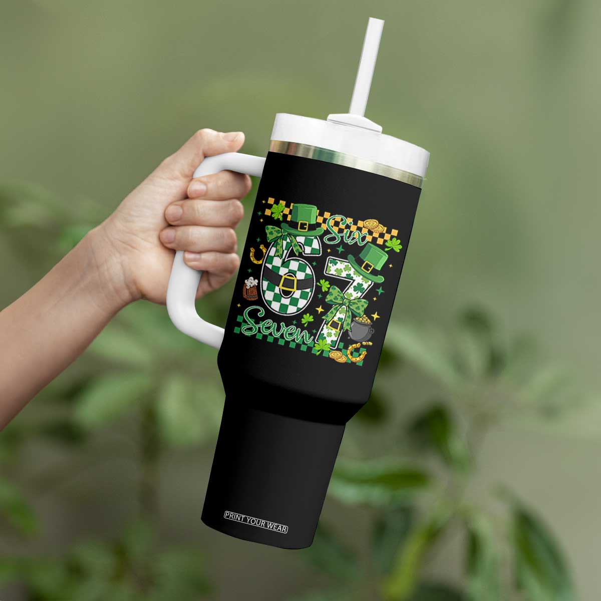 67 St Patricks Day Tumbler With Handle Funny Six Seven Meme Lucky Shamrock TS11 Print Your Wear