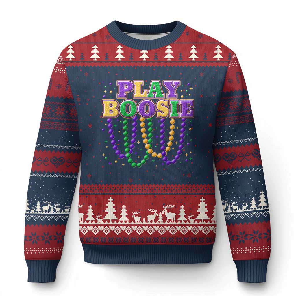 Funny Play Boosie Mardi Gras Ugly Christmas Sweater Beads Fat Tuesday Carnival TS11 Navy Red Print Your Wear