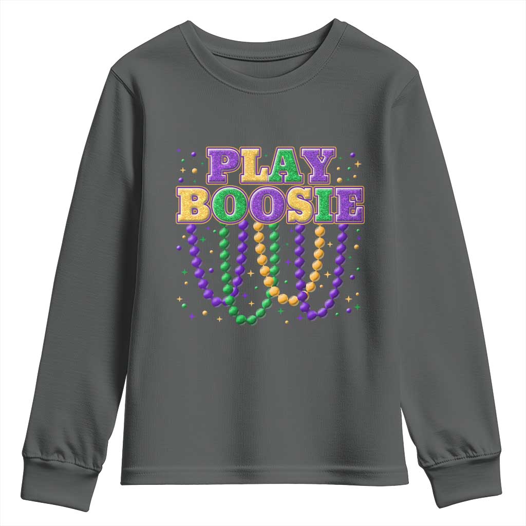 Funny Play Boosie Mardi Gras Youth Sweatshirt Beads Fat Tuesday Carnival TS11 Dark Heather Print Your Wear