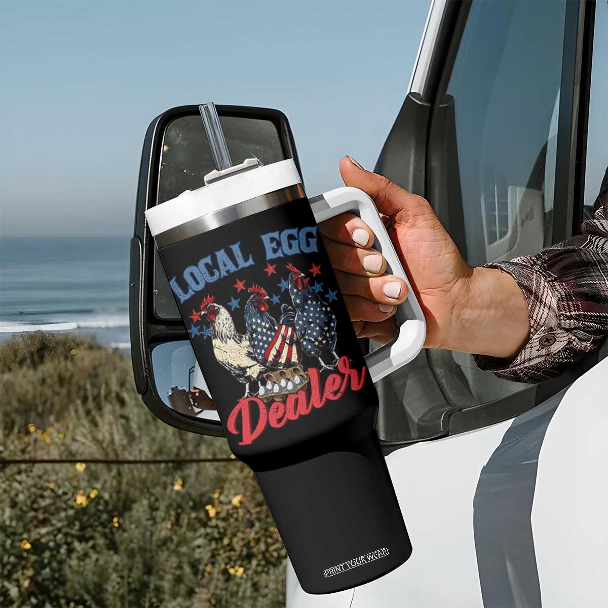 Funny Local Egg Dealer Tumbler With Handle Egg Farmer American Flag Chicken Easter TS11 Print Your Wear