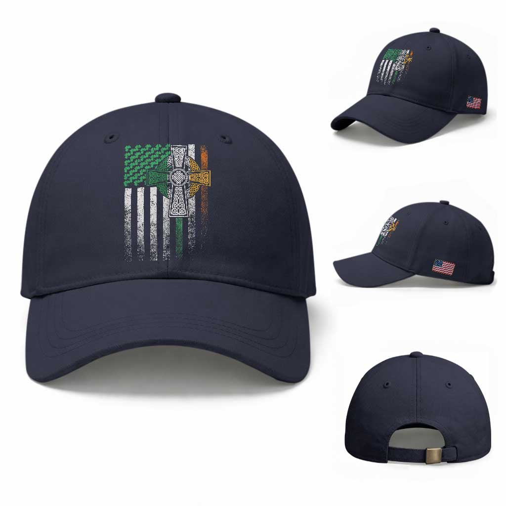 Irish Pride Baseball Cap American Flag Celtic Cross Shamrock St Patrick's Day TS11 Baseball Cap Universal Fit Navy Print Your Wear