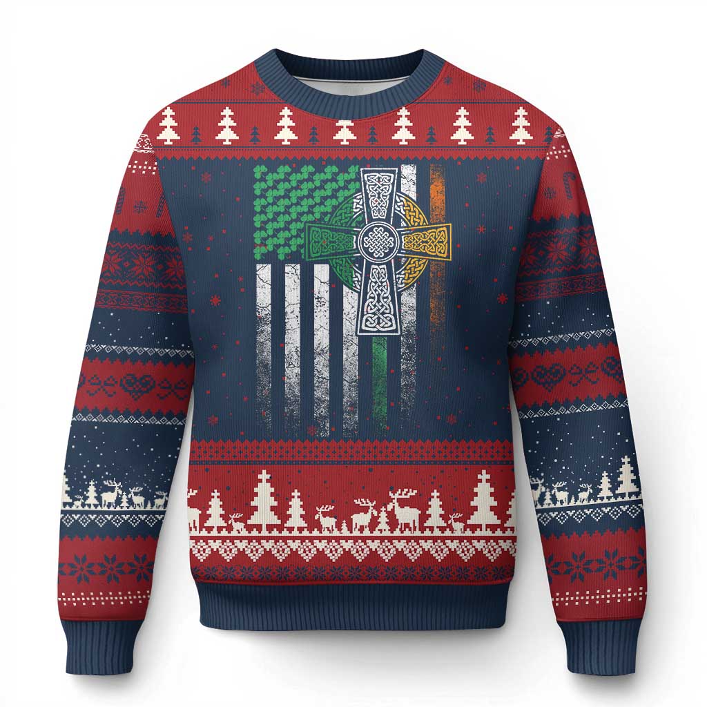 Irish Pride Ugly Christmas Sweater American Flag Celtic Cross Shamrock St Patrick's Day TS11 Navy Red Print Your Wear
