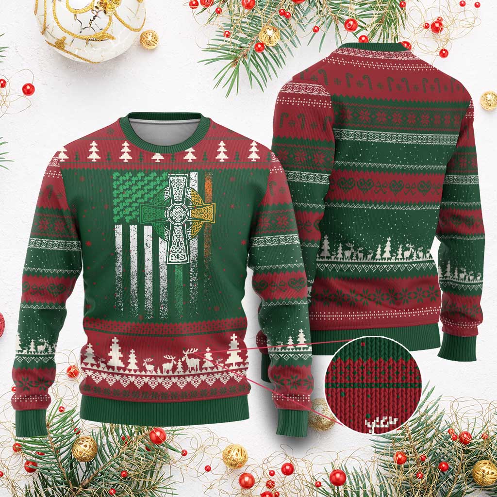 Irish Pride Ugly Christmas Sweater American Flag Celtic Cross Shamrock St Patrick's Day TS11 Red Green Print Your Wear