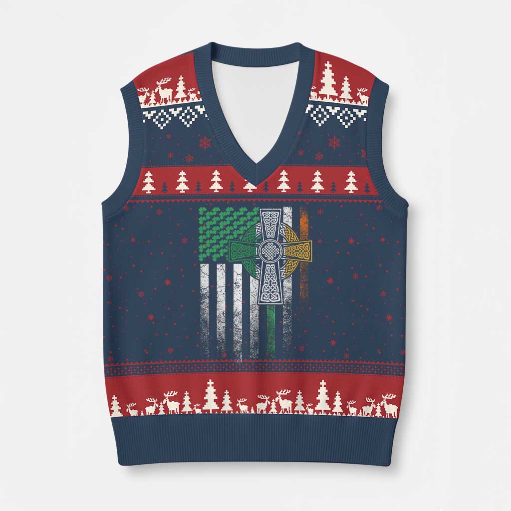 Irish Pride V-Neck Knit Sweater Vest American Flag Celtic Cross Shamrock St Patrick's Day TS11 Navy Red Print Your Wear