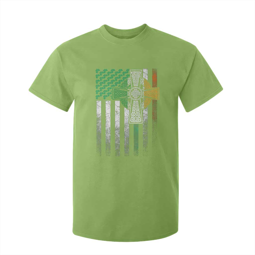 Irish Pride T Shirt For Kid American Flag Celtic Cross Shamrock St Patrick's Day TS11 Lime Print Your Wear