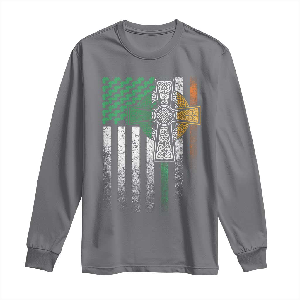 Irish Pride Long Sleeve Shirt American Flag Celtic Cross Shamrock St Patrick's Day TS11 Charcoal Print Your Wear