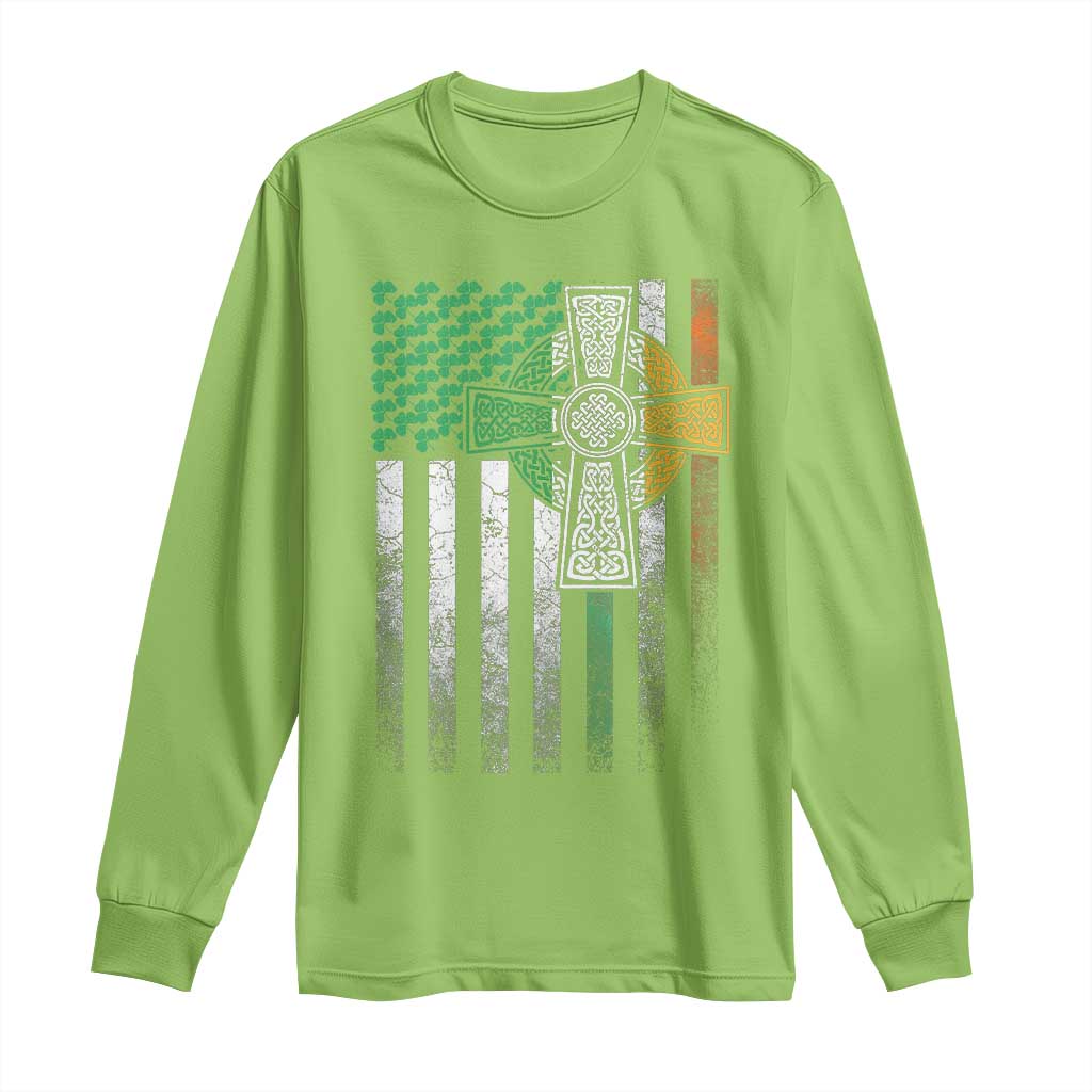 Irish Pride Long Sleeve Shirt American Flag Celtic Cross Shamrock St Patrick's Day TS11 Lime Print Your Wear