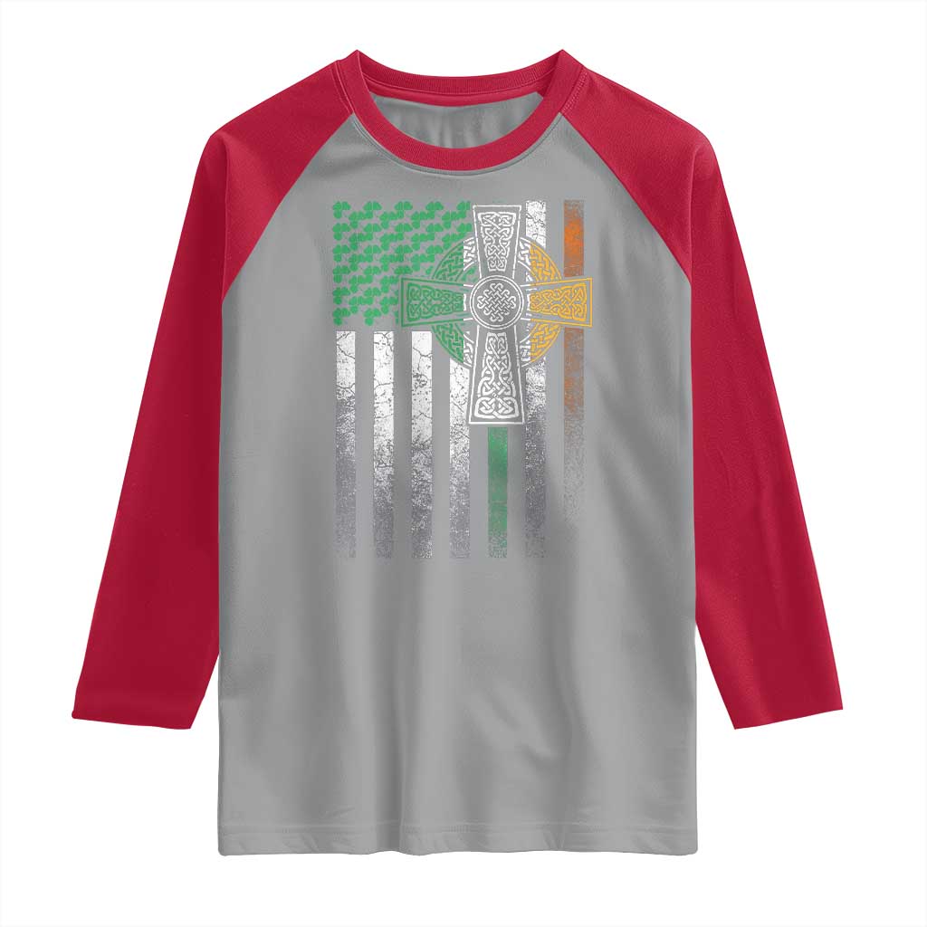 Irish Pride Raglan Shirt American Flag Celtic Cross Shamrock St Patrick's Day TS11 Sport Gray Red Print Your Wear