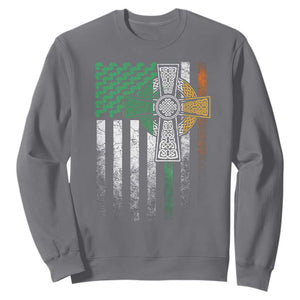 Irish Pride Sweatshirt American Flag Celtic Cross Shamrock St Patrick's Day TS11 Charcoal Print Your Wear