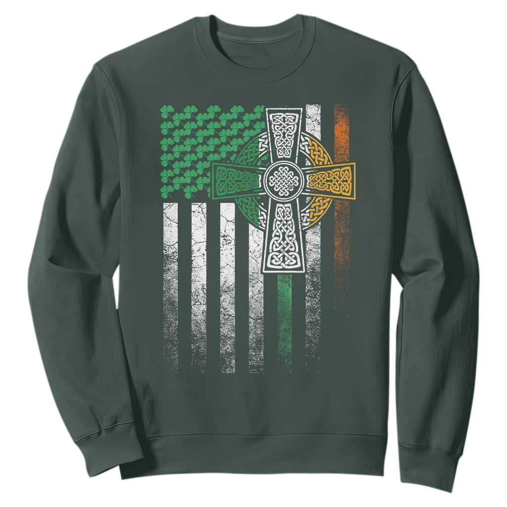 Irish Pride Sweatshirt American Flag Celtic Cross Shamrock St Patrick's Day TS11 Dark Forest Green Print Your Wear