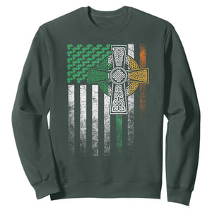 Irish Pride Sweatshirt American Flag Celtic Cross Shamrock St Patrick's Day TS11 Dark Forest Green Print Your Wear