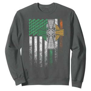 Irish Pride Sweatshirt American Flag Celtic Cross Shamrock St Patrick's Day TS11 Dark Heather Print Your Wear
