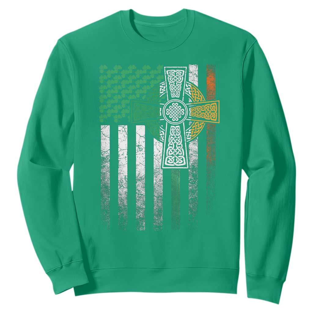 Irish Pride Sweatshirt American Flag Celtic Cross Shamrock St Patrick's Day TS11 Irish Green Print Your Wear