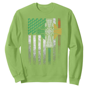 Irish Pride Sweatshirt American Flag Celtic Cross Shamrock St Patrick's Day TS11 Lime Print Your Wear