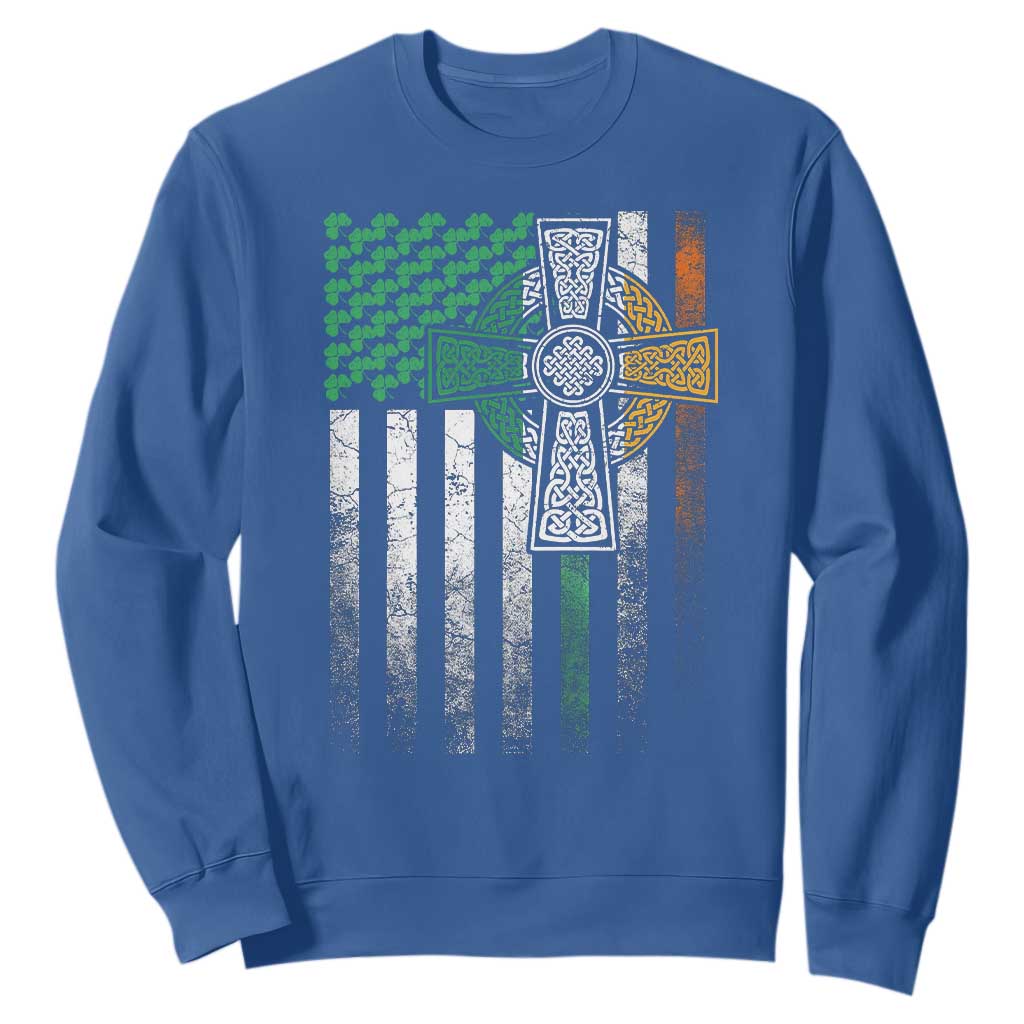 Irish Pride Sweatshirt American Flag Celtic Cross Shamrock St Patrick's Day TS11 Royal Blue Print Your Wear