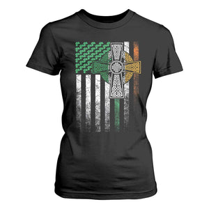 Irish Pride T Shirt For Women American Flag Celtic Cross Shamrock St Patrick's Day TS11 Black Print Your Wear