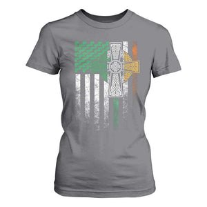 Irish Pride T Shirt For Women American Flag Celtic Cross Shamrock St Patrick's Day TS11 Charcoal Print Your Wear