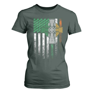 Irish Pride T Shirt For Women American Flag Celtic Cross Shamrock St Patrick's Day TS11 Dark Forest Green Print Your Wear