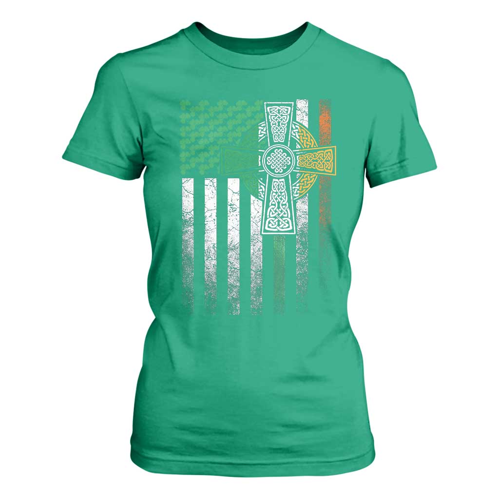 Irish Pride T Shirt For Women American Flag Celtic Cross Shamrock St Patrick's Day TS11 Irish Green Print Your Wear