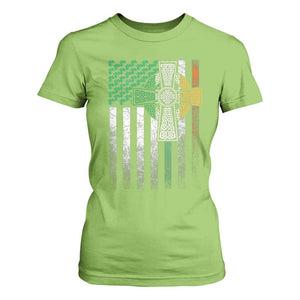 Irish Pride T Shirt For Women American Flag Celtic Cross Shamrock St Patrick's Day TS11 Lime Print Your Wear