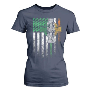 Irish Pride T Shirt For Women American Flag Celtic Cross Shamrock St Patrick's Day TS11 Navy Print Your Wear