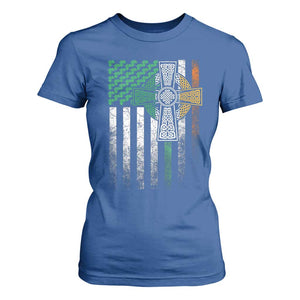 Irish Pride T Shirt For Women American Flag Celtic Cross Shamrock St Patrick's Day TS11 Royal Blue Print Your Wear