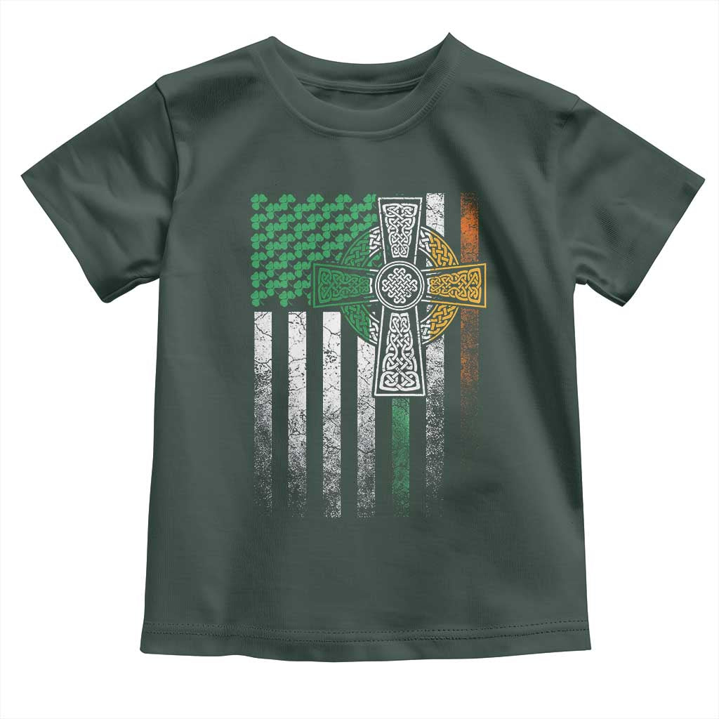 Irish Pride Toddler T Shirt American Flag Celtic Cross Shamrock St Patrick's Day TS11 Dark Forest Green Print Your Wear