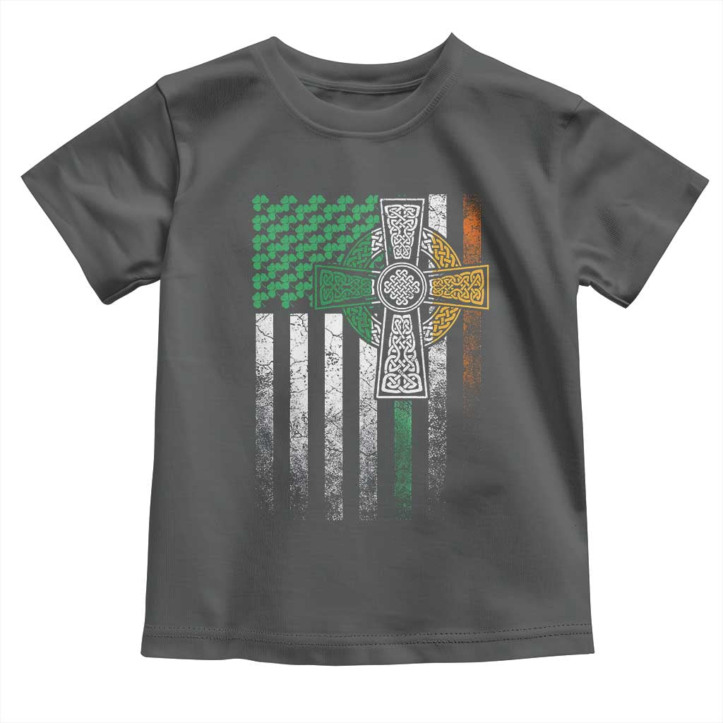 Irish Pride Toddler T Shirt American Flag Celtic Cross Shamrock St Patrick's Day TS11 Dark Heather Print Your Wear