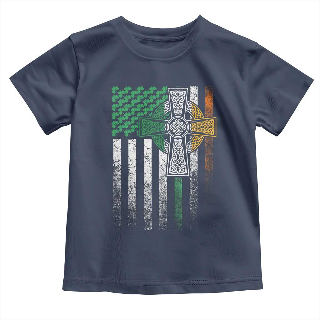Irish Pride Toddler T Shirt American Flag Celtic Cross Shamrock St Patrick's Day TS11 Navy Print Your Wear