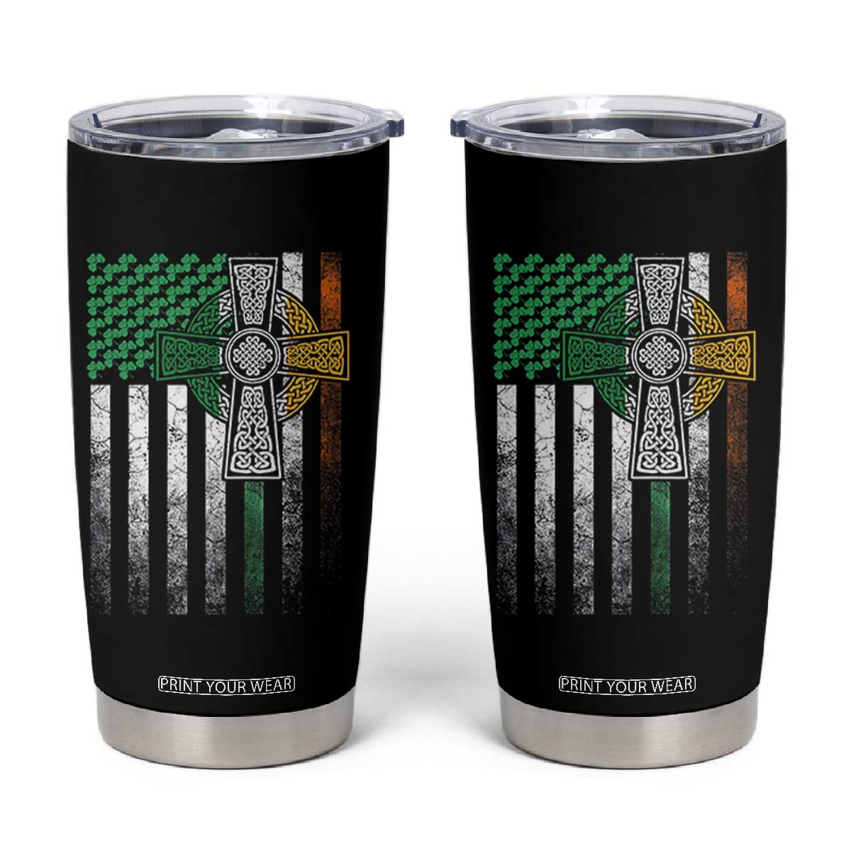 Irish Pride Tumbler Cup American Flag Celtic Cross Shamrock St Patrick's Day TS11 Black Print Your Wear