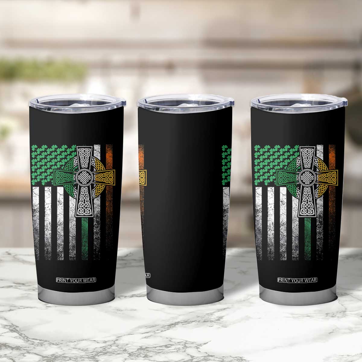 Irish Pride Tumbler Cup American Flag Celtic Cross Shamrock St Patrick's Day TS11 Print Your Wear