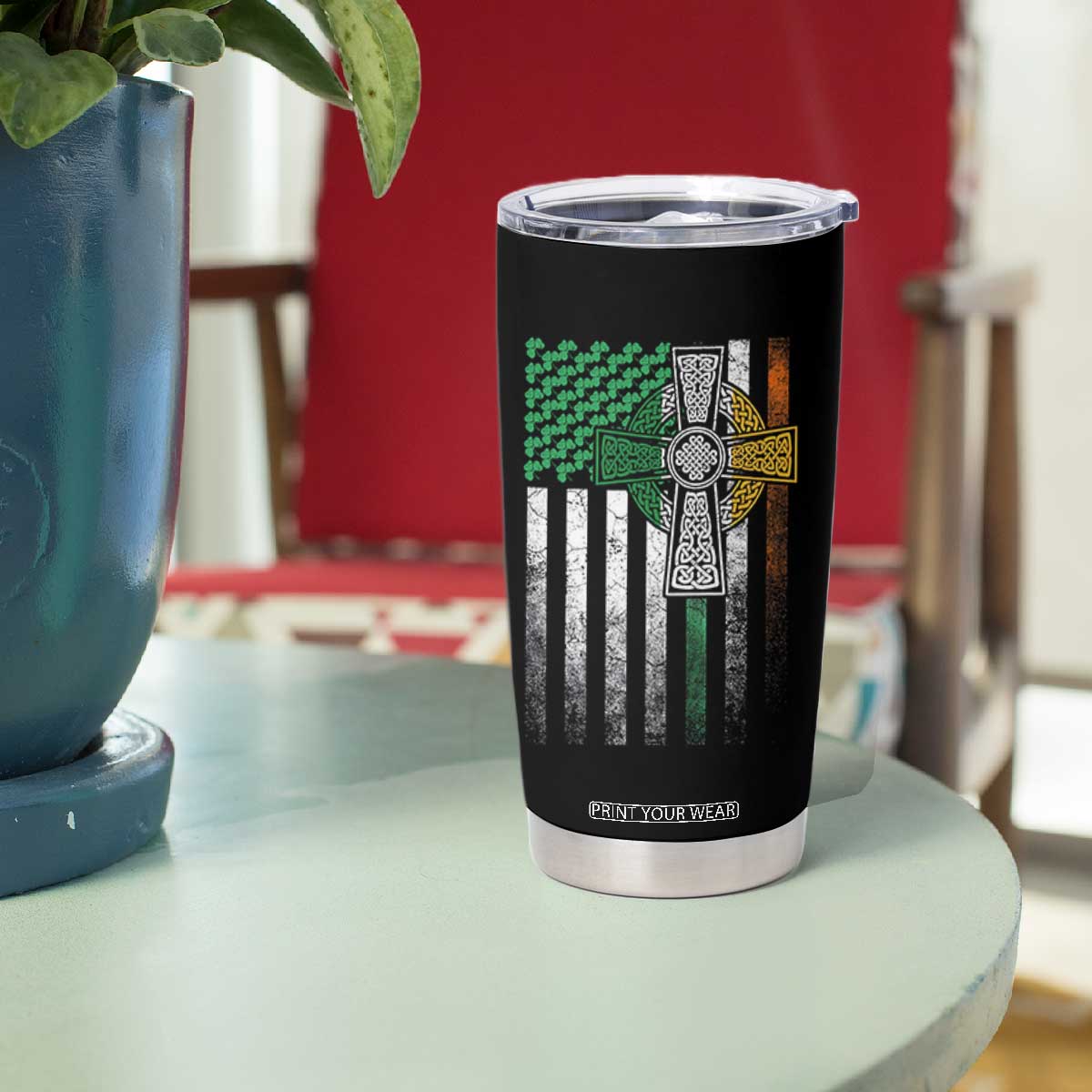 Irish Pride Tumbler Cup American Flag Celtic Cross Shamrock St Patrick's Day TS11 Print Your Wear