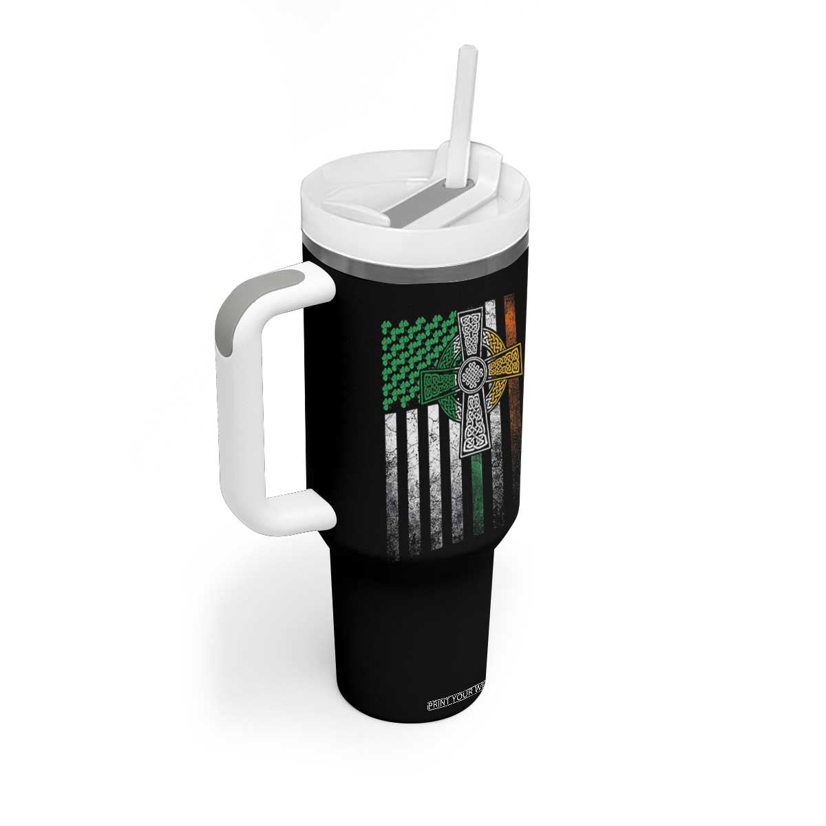 Irish Pride Tumbler With Handle American Flag Celtic Cross Shamrock St Patrick's Day TS11 Print Your Wear